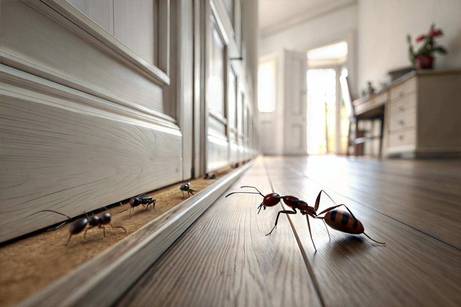 Ants in the hallway of a house. 3D rendering.